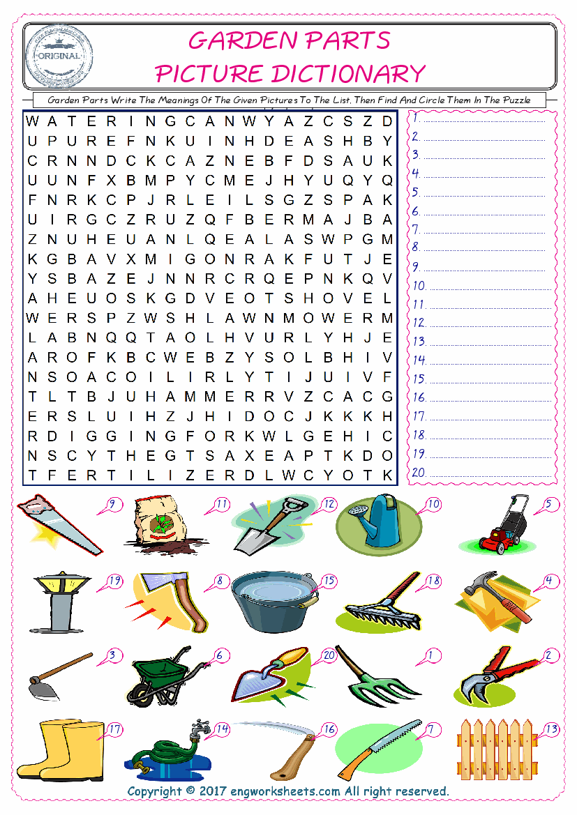 For kids, check the picture of Garden Parts find, and write the word and find it in the word puzzle ESL printable worksheet. 